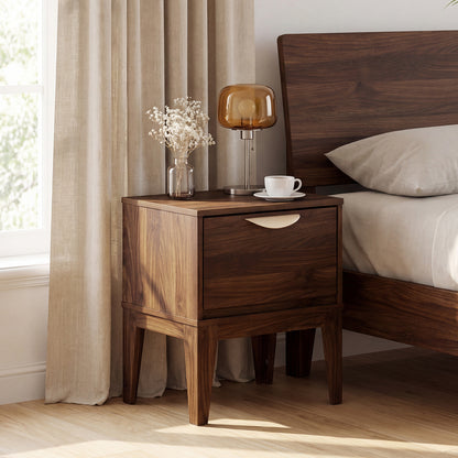 Mid Century Modern Bedside Table, Walnut, With Drawer And Tapered Feet Nightstands at Gallery Canada