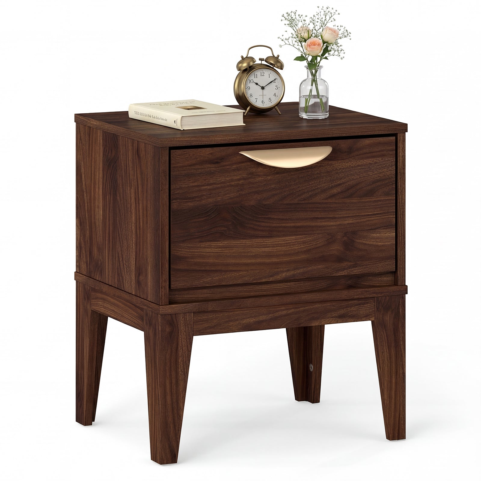 Mid Century Modern Bedside Table, Walnut, With Drawer And Tapered Feet Nightstands Walnut at Gallery Canada
