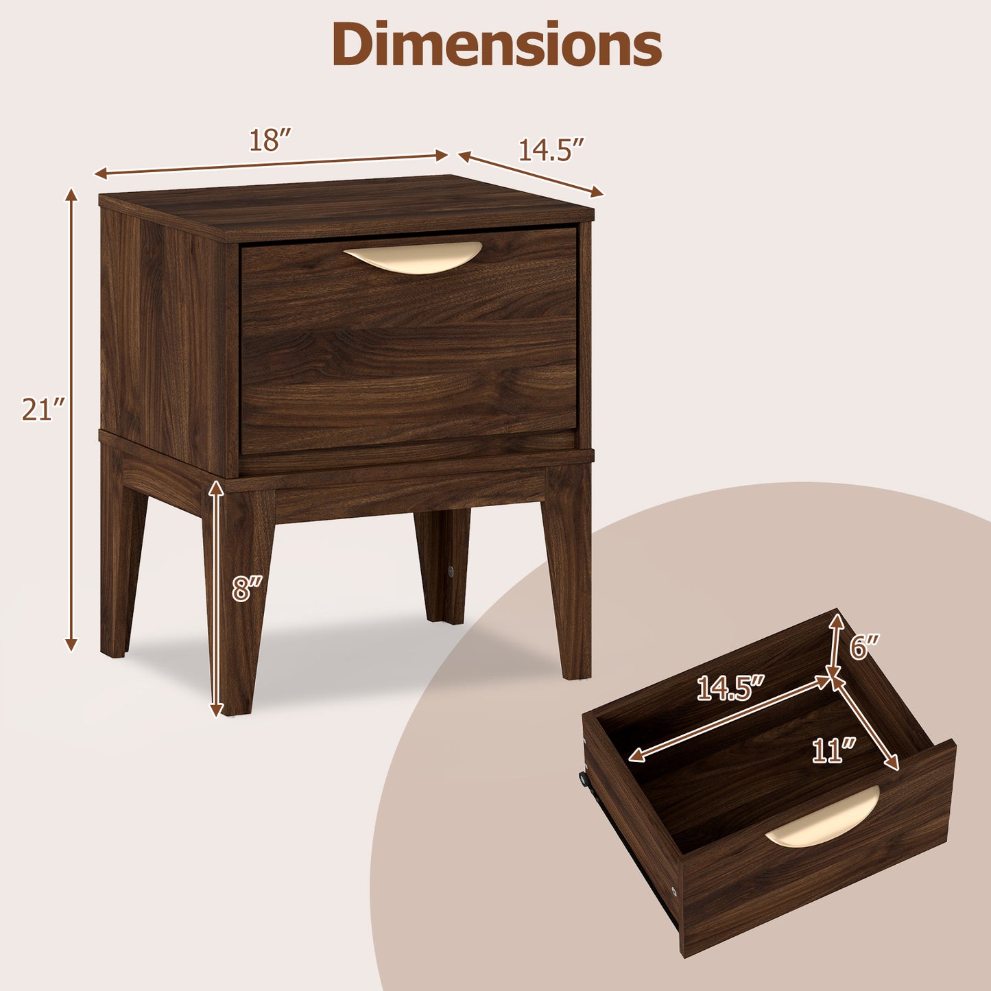 Mid Century Modern Bedside Table, Walnut, With Drawer And Tapered Feet Nightstands at Gallery Canada