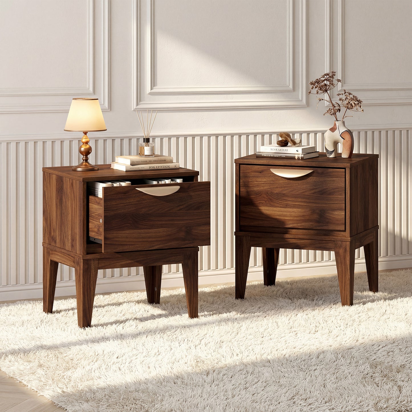 Mid Century Modern Bedside Table, Walnut, With Drawer And Tapered Feet Nightstands at Gallery Canada