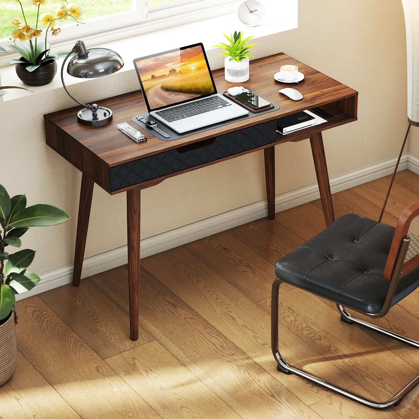 Mid-Century Modern Computer Desk with Drawer and Open Compartment, Brown Computer Desks at Gallery Canada