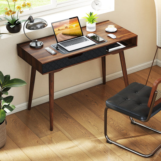 Mid-Century Modern Computer Desk with Drawer and Open Compartment, Brown Computer Desks Brown at Gallery Canada