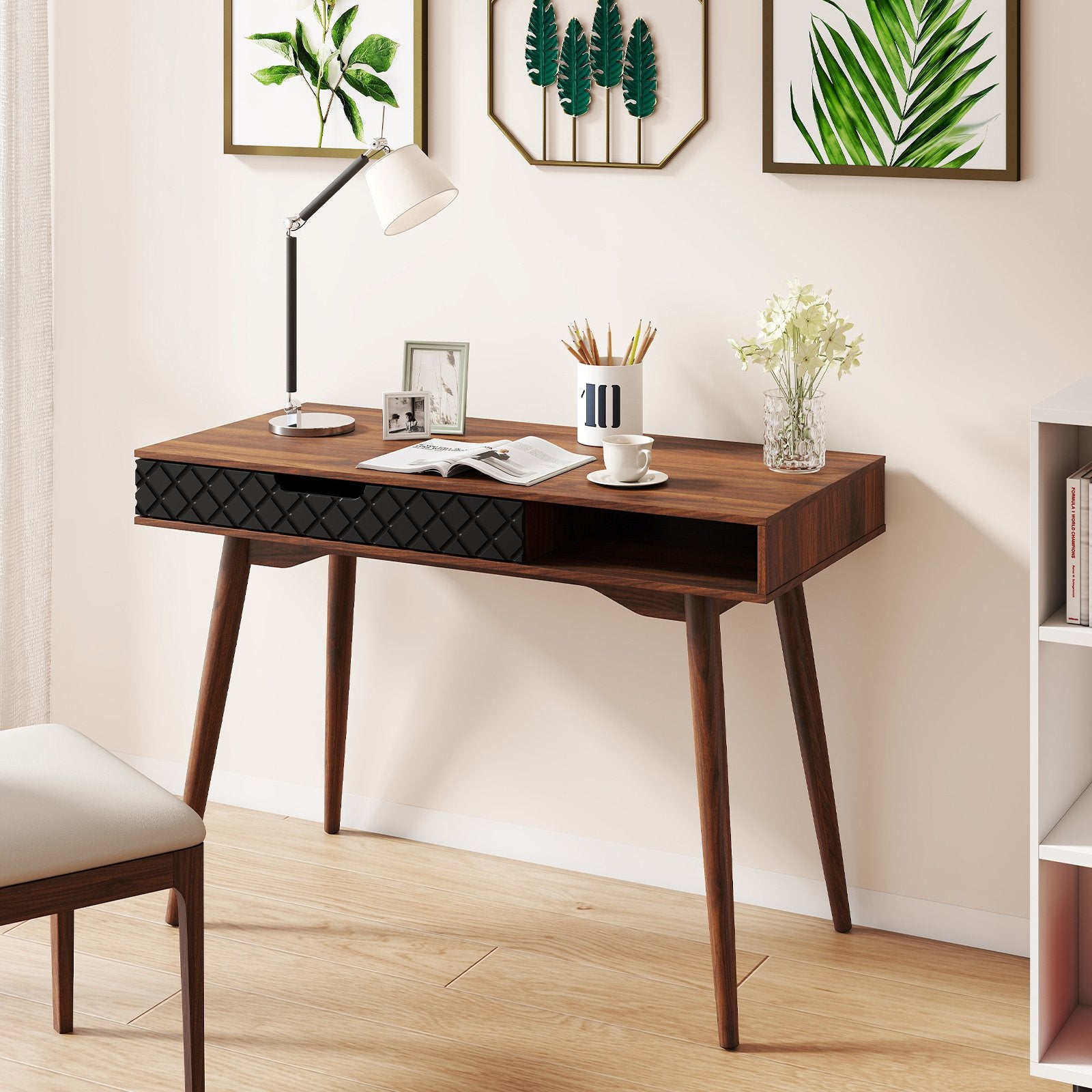 Mid-Century Modern Computer Desk with Drawer and Open Compartment, Brown Computer Desks at Gallery Canada