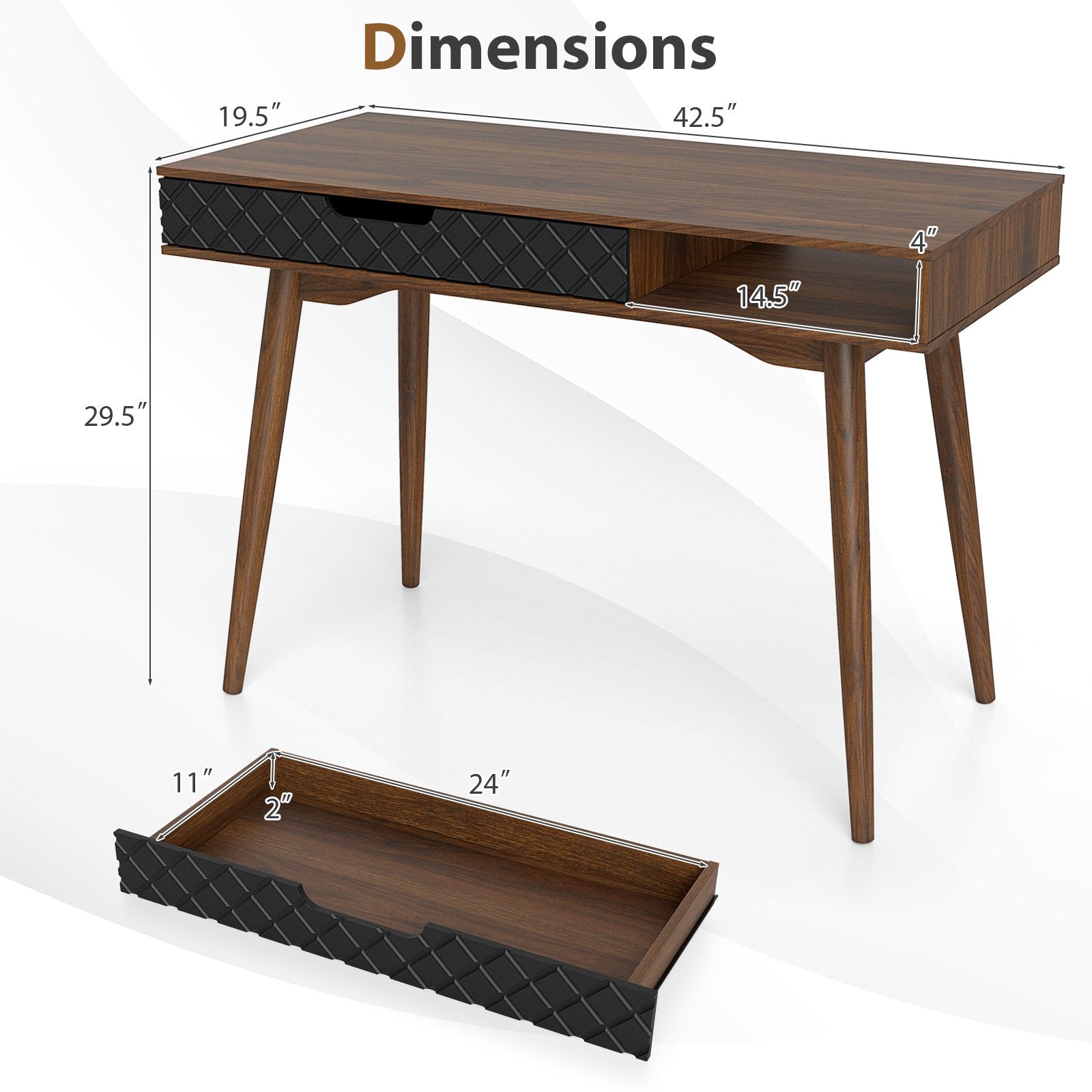 Mid-Century Modern Computer Desk with Drawer and Open Compartment, Brown Computer Desks at Gallery Canada