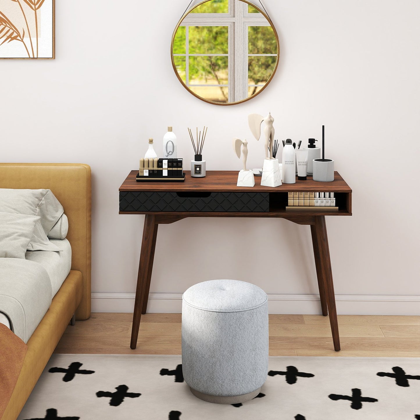 Mid-Century Modern Computer Desk with Drawer and Open Compartment, Brown Computer Desks at Gallery Canada