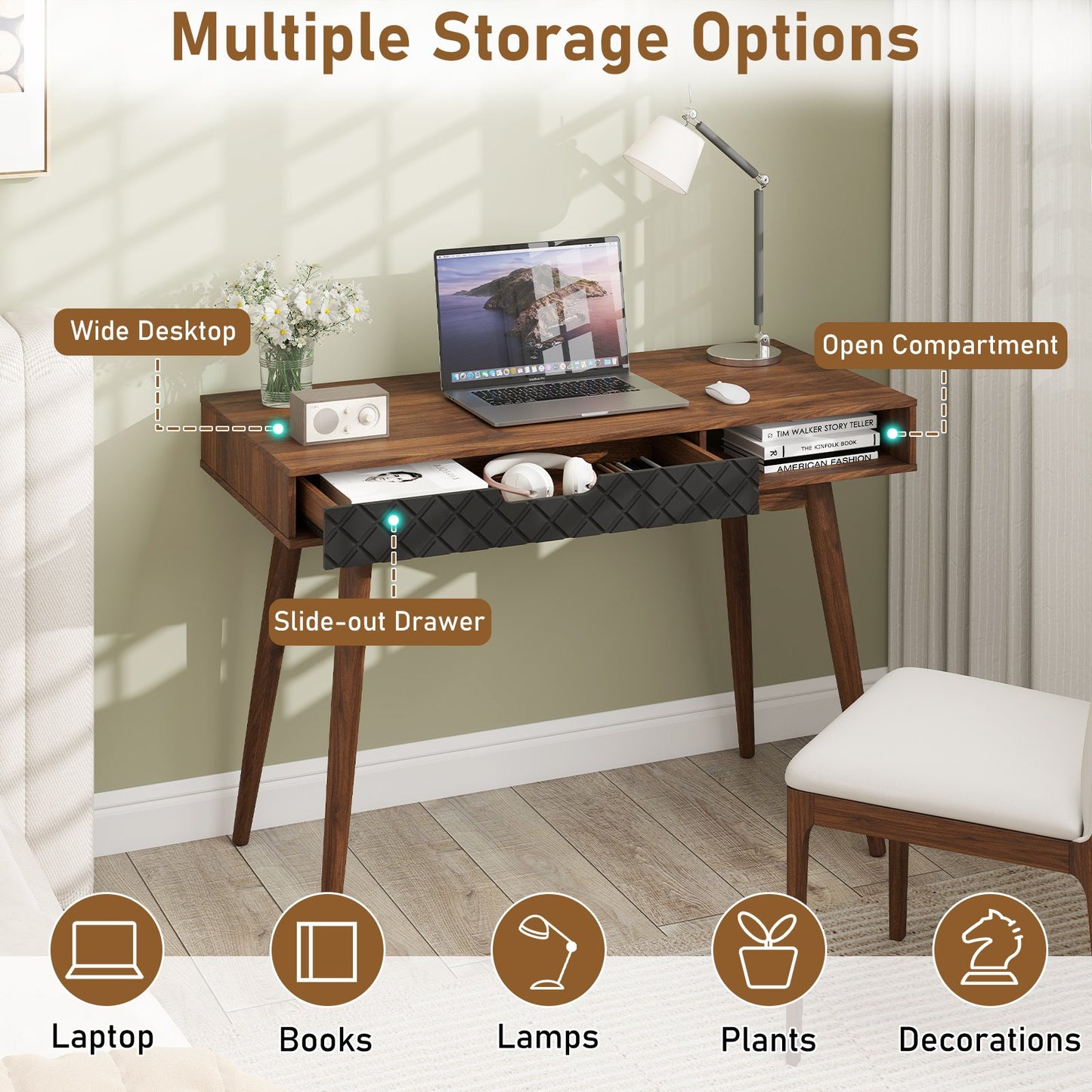 Mid-Century Modern Computer Desk with Drawer and Open Compartment, Brown Computer Desks at Gallery Canada