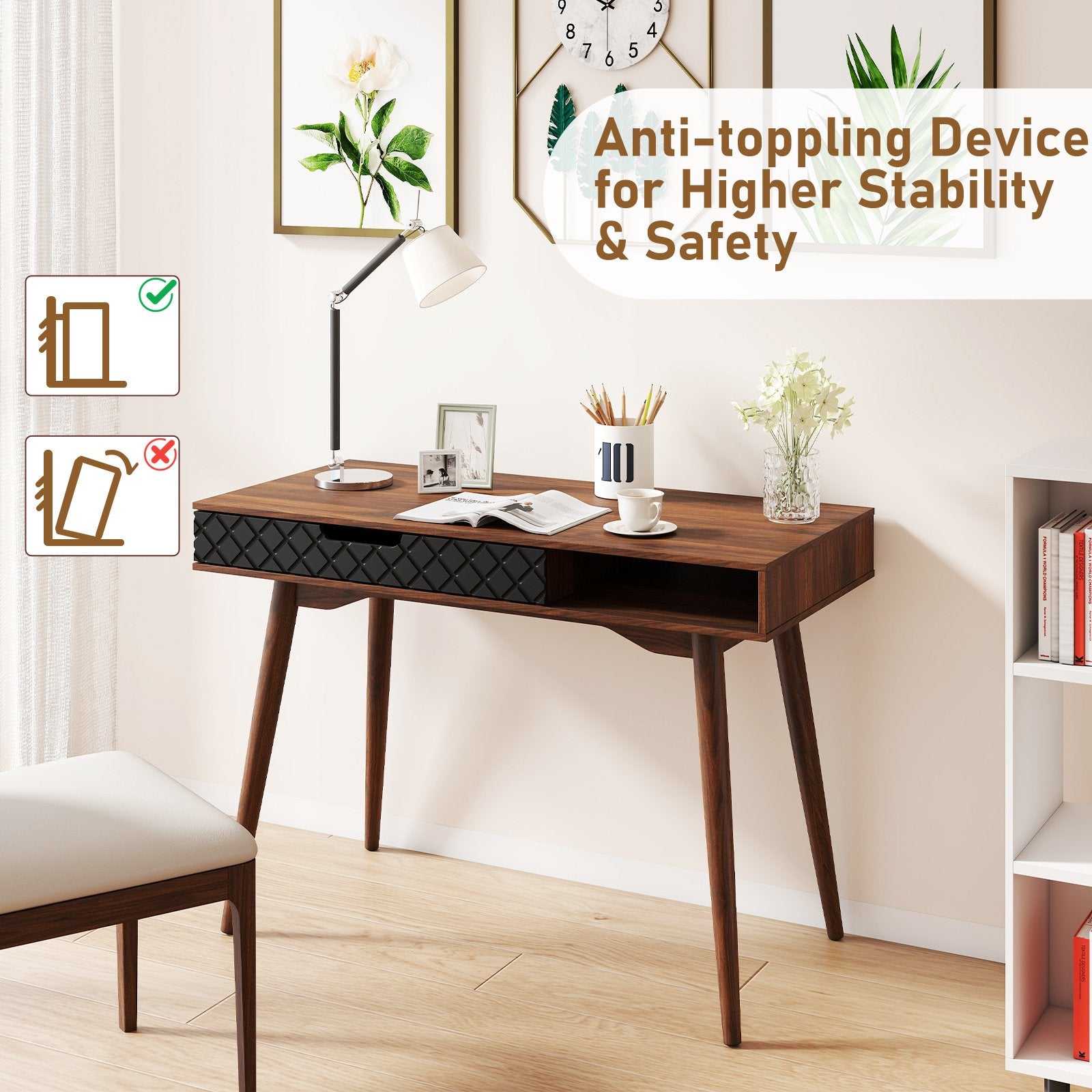 Mid-Century Modern Computer Desk with Drawer and Open Compartment, Brown Computer Desks at Gallery Canada