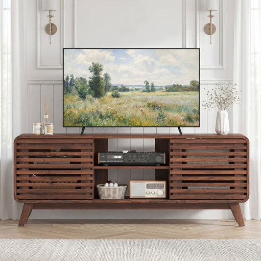 Mid Century Modern Entertainment Center, Walnut, Grille Sliding Doors Entertainment Centers & TV Stands Walnut at Gallery Canada