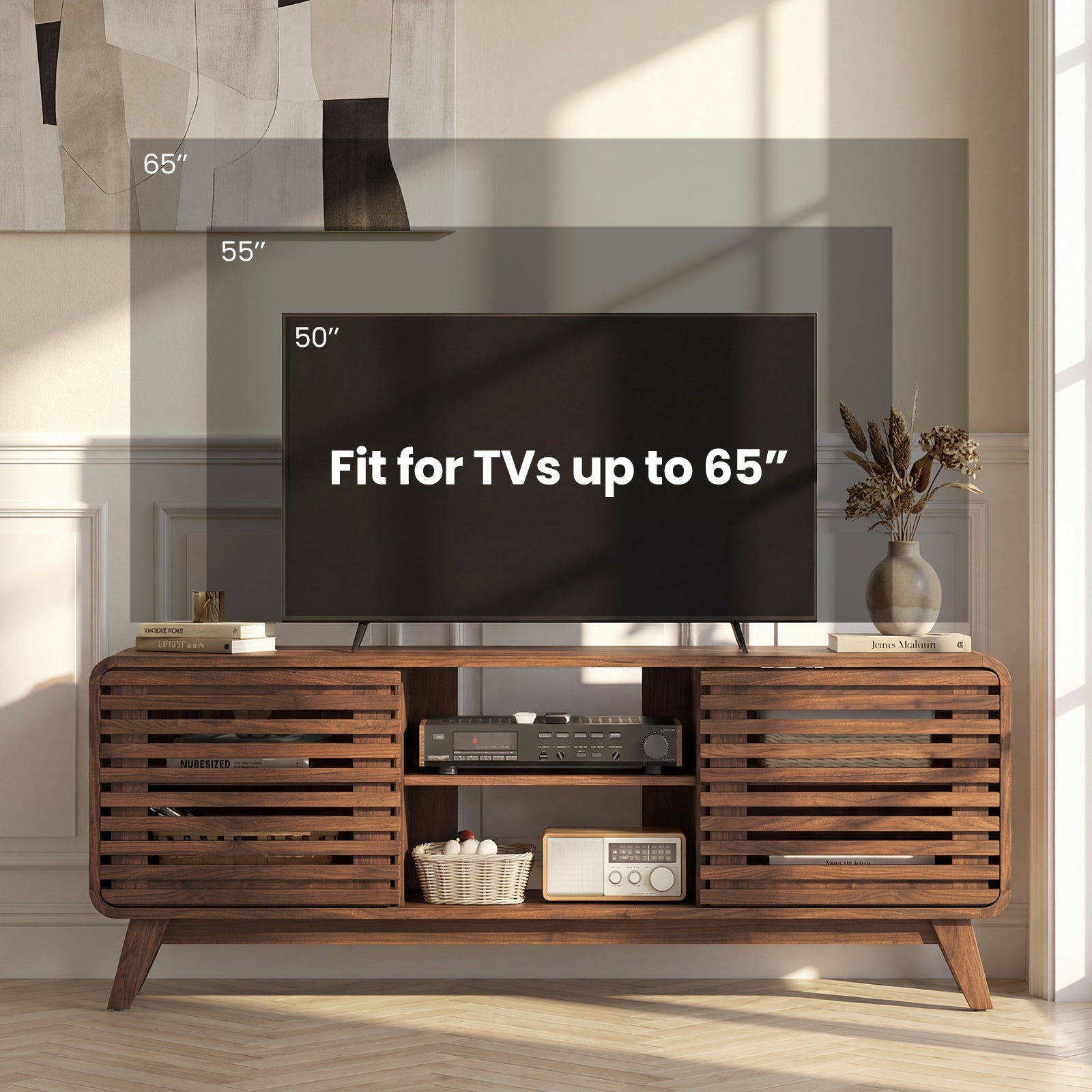 Mid Century Modern Entertainment Center, Walnut, Grille Sliding Doors Entertainment Centers & TV Stands at Gallery Canada