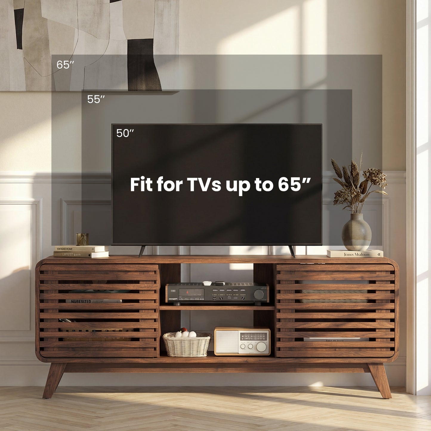 Mid Century Modern Entertainment Center, Walnut, Grille Sliding Doors Entertainment Centers & TV Stands at Gallery Canada