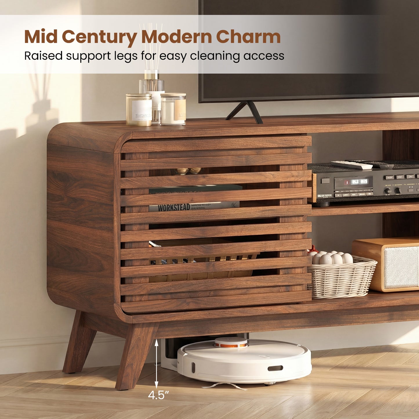 Mid Century Modern Entertainment Center, Walnut, Grille Sliding Doors Entertainment Centers & TV Stands at Gallery Canada