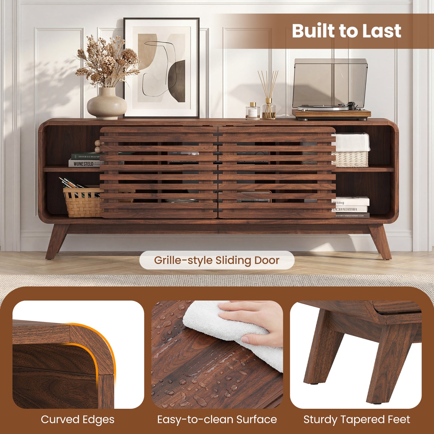 Mid Century Modern Entertainment Center, Walnut, Grille Sliding Doors Entertainment Centers & TV Stands at Gallery Canada