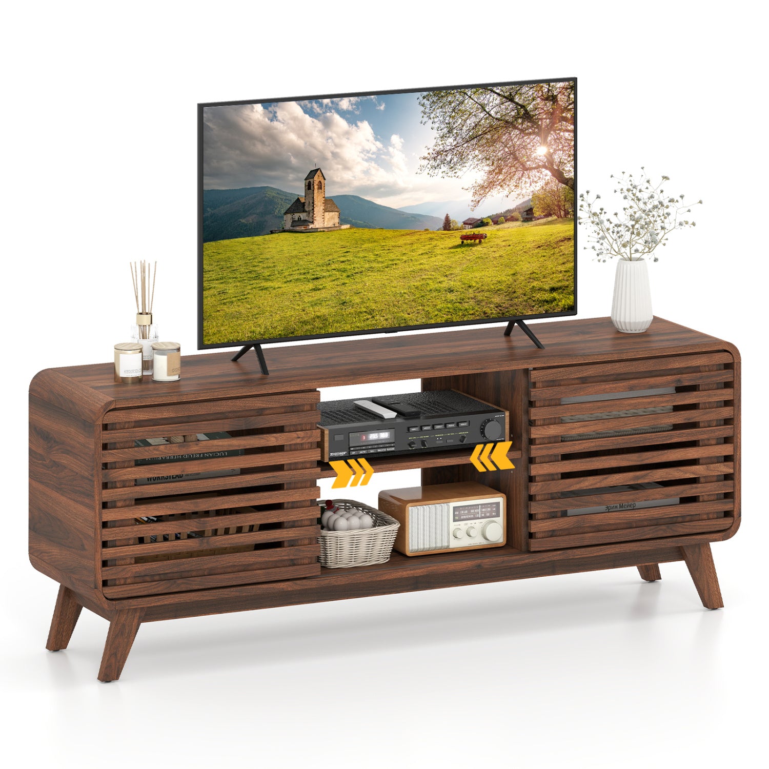 Mid Century Modern Entertainment Center, Walnut, Grille Sliding Doors Entertainment Centers & TV Stands at Gallery Canada