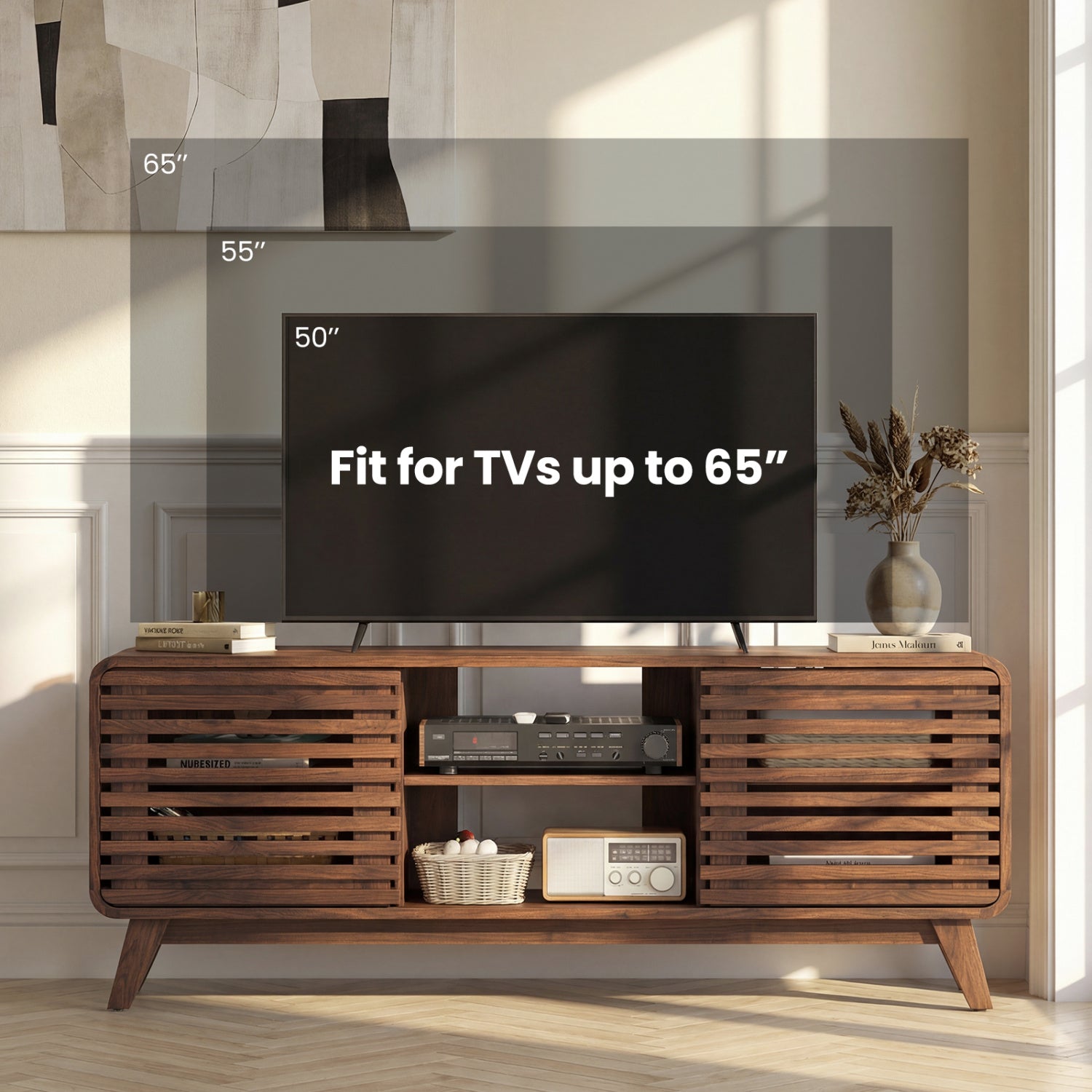 Mid Century Modern Entertainment Center, Walnut, Grille Sliding Doors Entertainment Centers & TV Stands at Gallery Canada