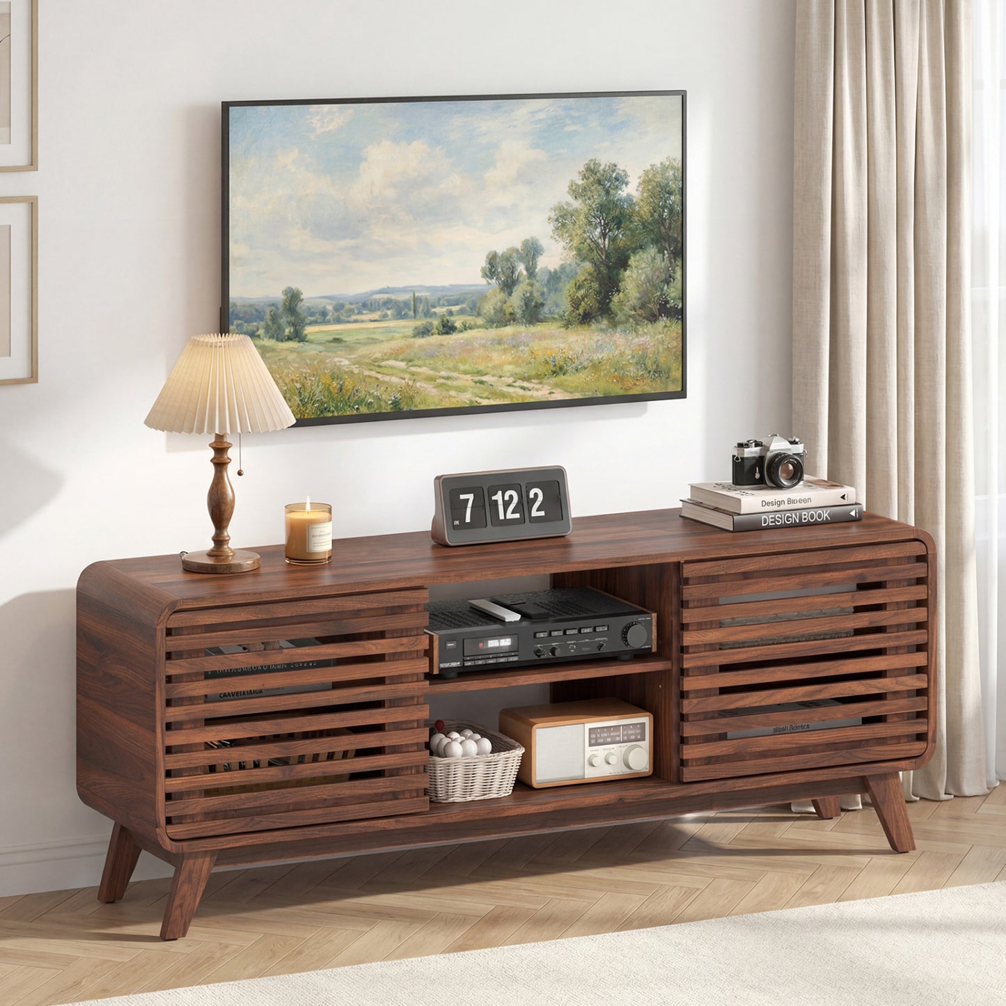 Mid Century Modern Entertainment Center, Walnut, Grille Sliding Doors Entertainment Centers & TV Stands at Gallery Canada