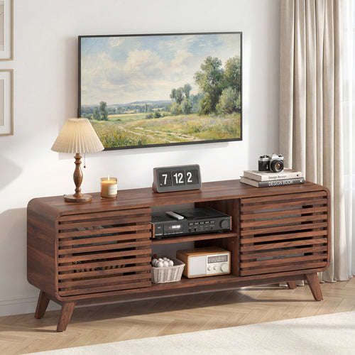 Mid Century Modern Entertainment Center, Walnut, Grille Sliding Doors
