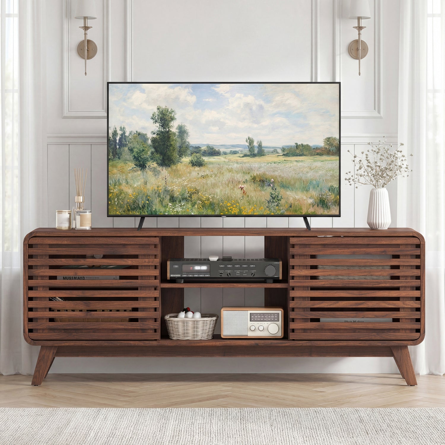 Mid Century Modern Entertainment Center, Walnut, Grille Sliding Doors Entertainment Centers & TV Stands at Gallery Canada