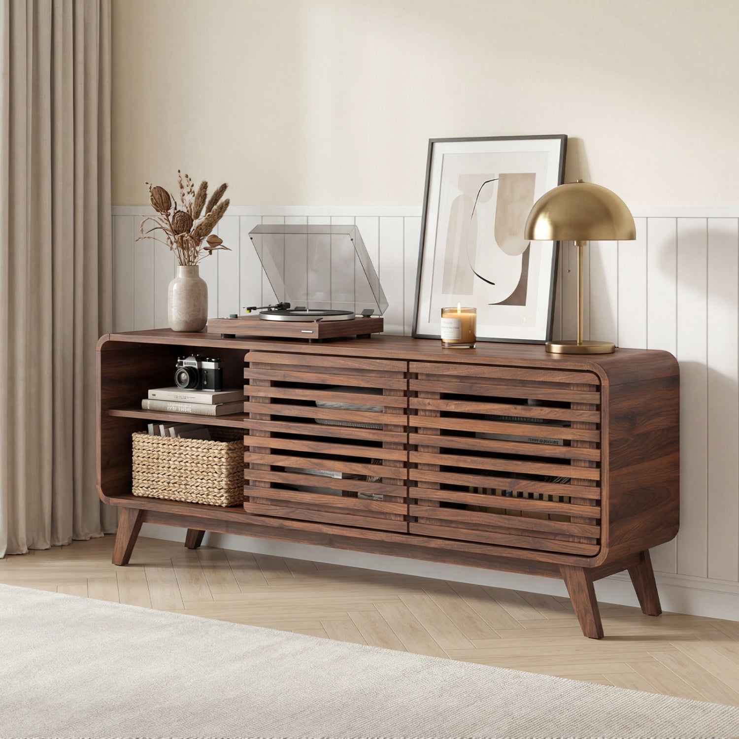 Mid Century Modern Entertainment Center, Walnut, Grille Sliding Doors Entertainment Centers & TV Stands at Gallery Canada