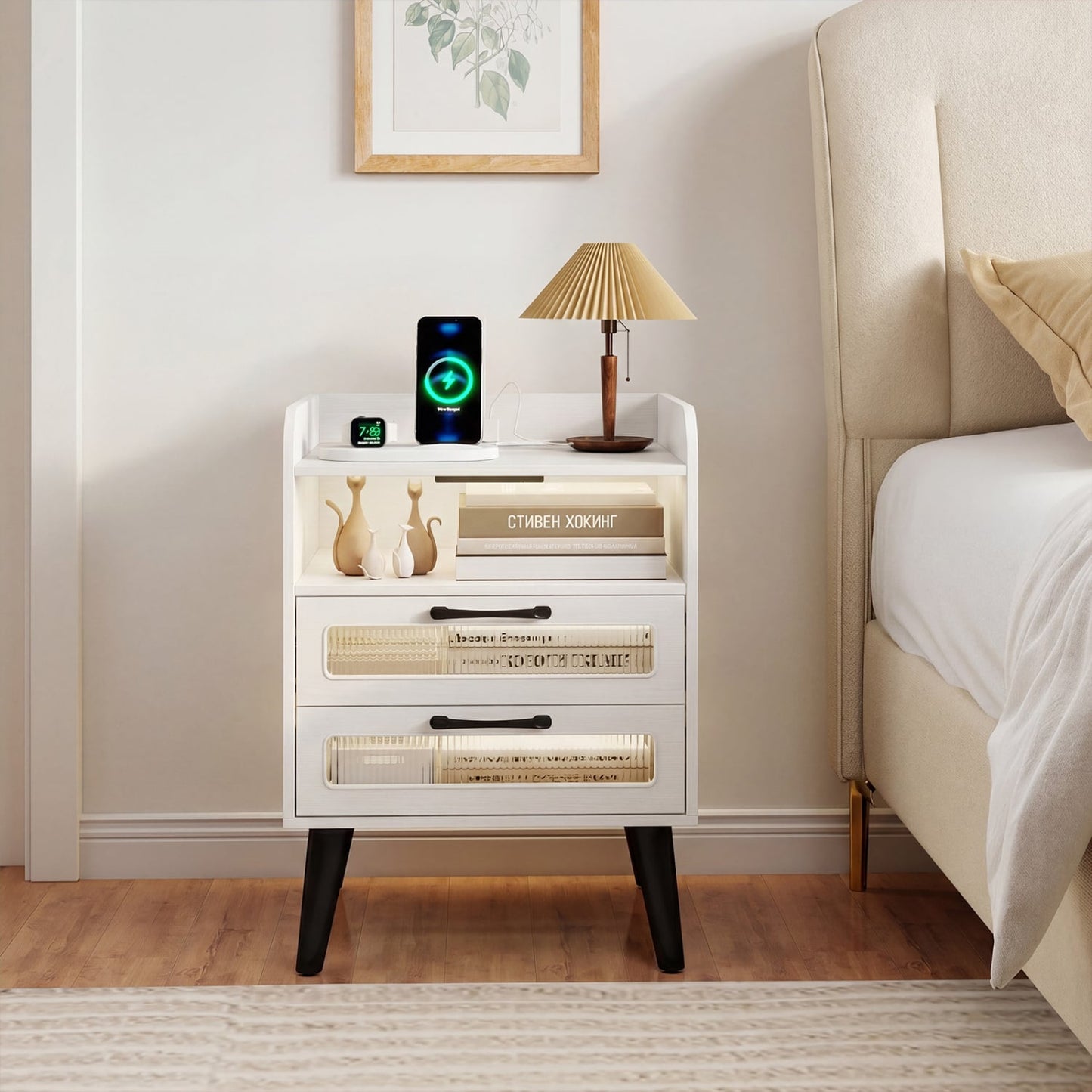 Mid Century Nightstand Charging Station, White
