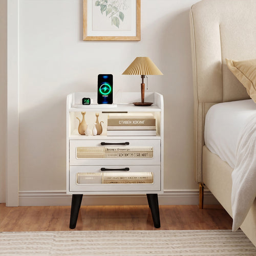 Mid Century Nightstand Charging Station, White