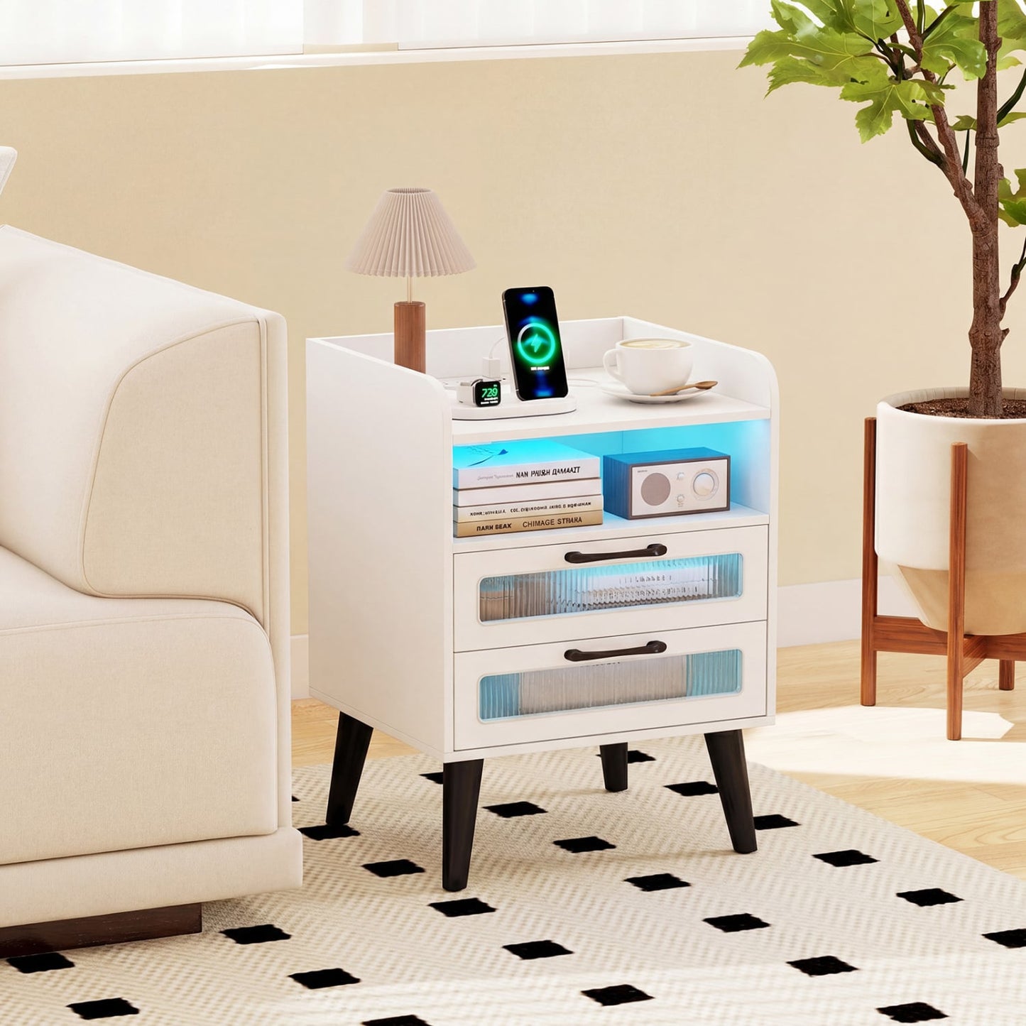 Mid Century Nightstand Charging Station, White