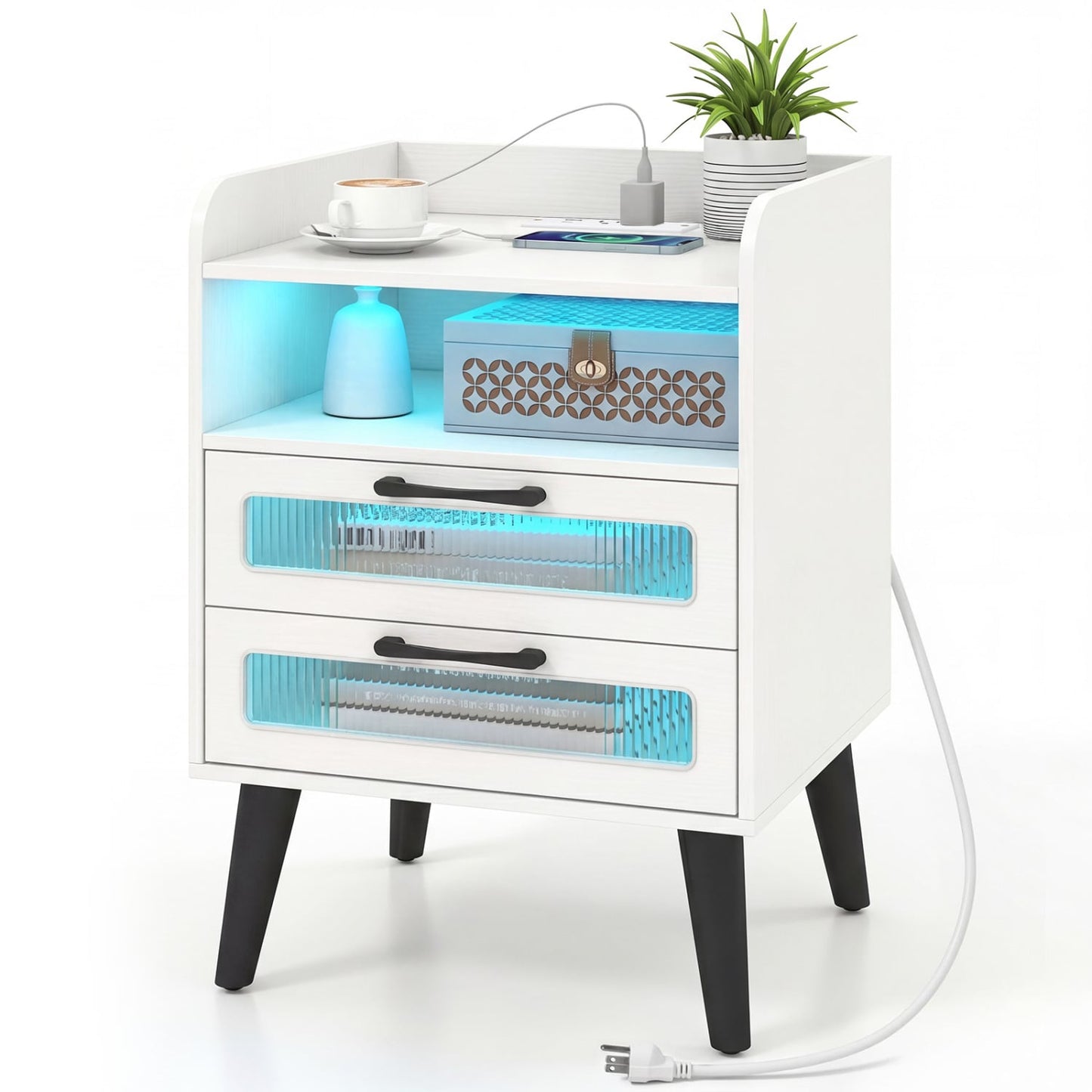 Mid Century Nightstand Charging Station, White
