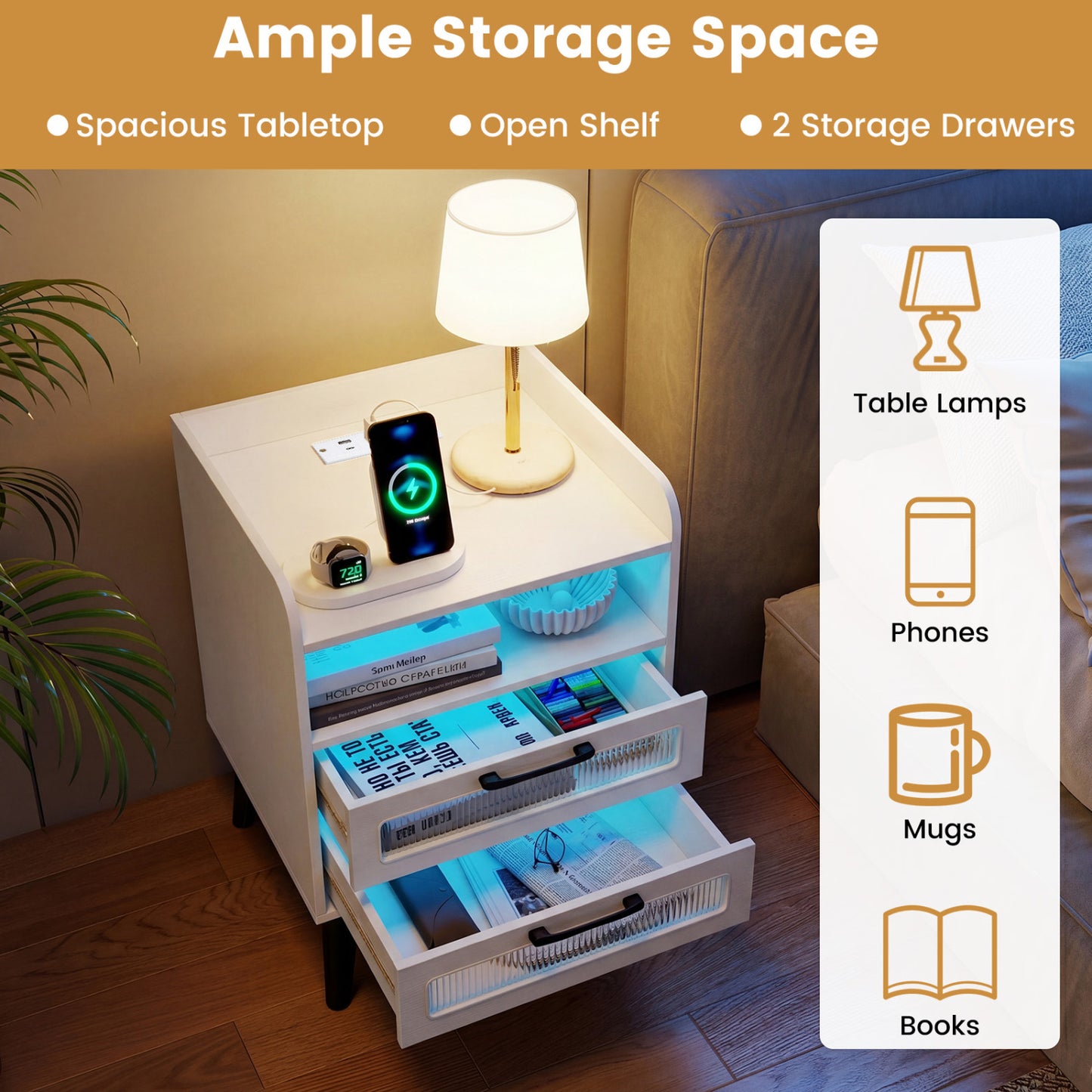 Mid Century Nightstand Charging Station, White