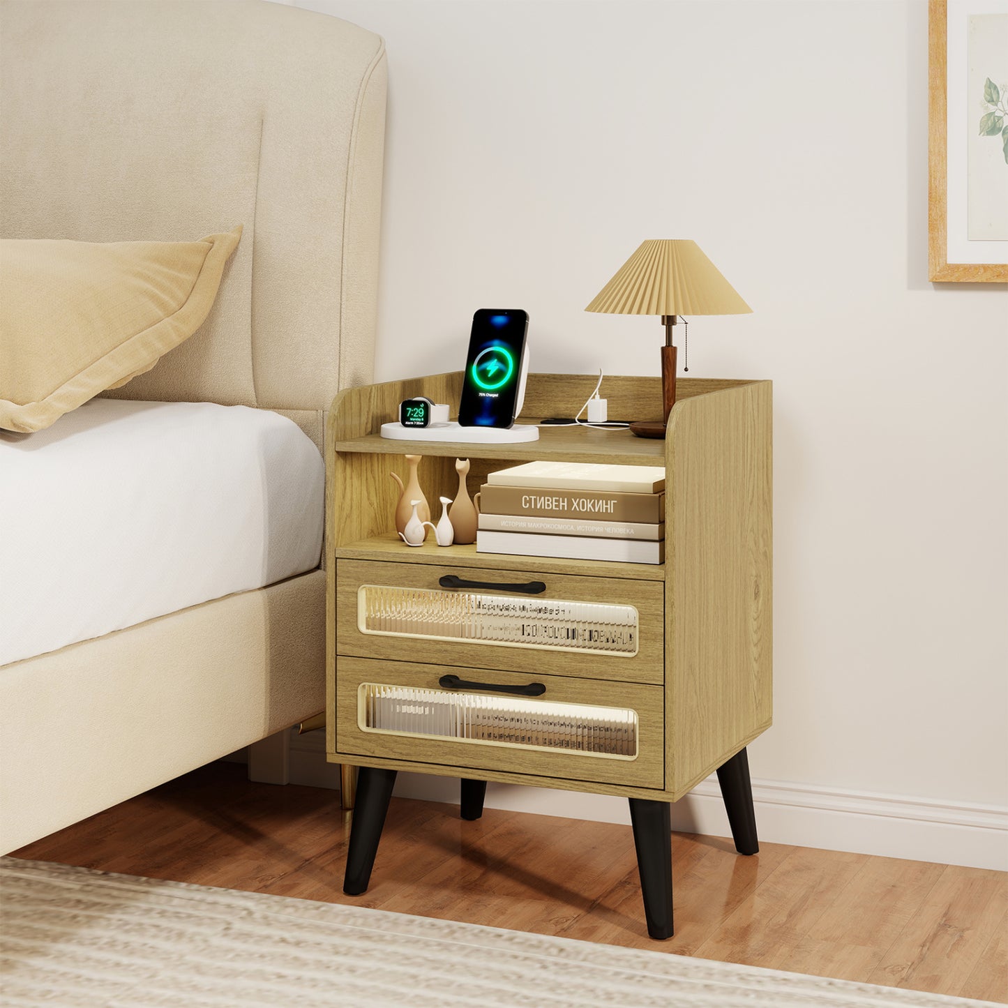 Mid Century Nightstand With Charging Station & LED Lights, Natural