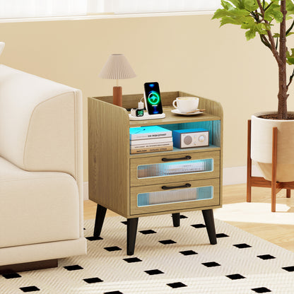 Mid Century Nightstand With Charging Station & LED Lights, Natural