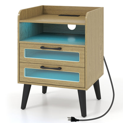Mid Century Nightstand With Charging Station & LED Lights, Natural