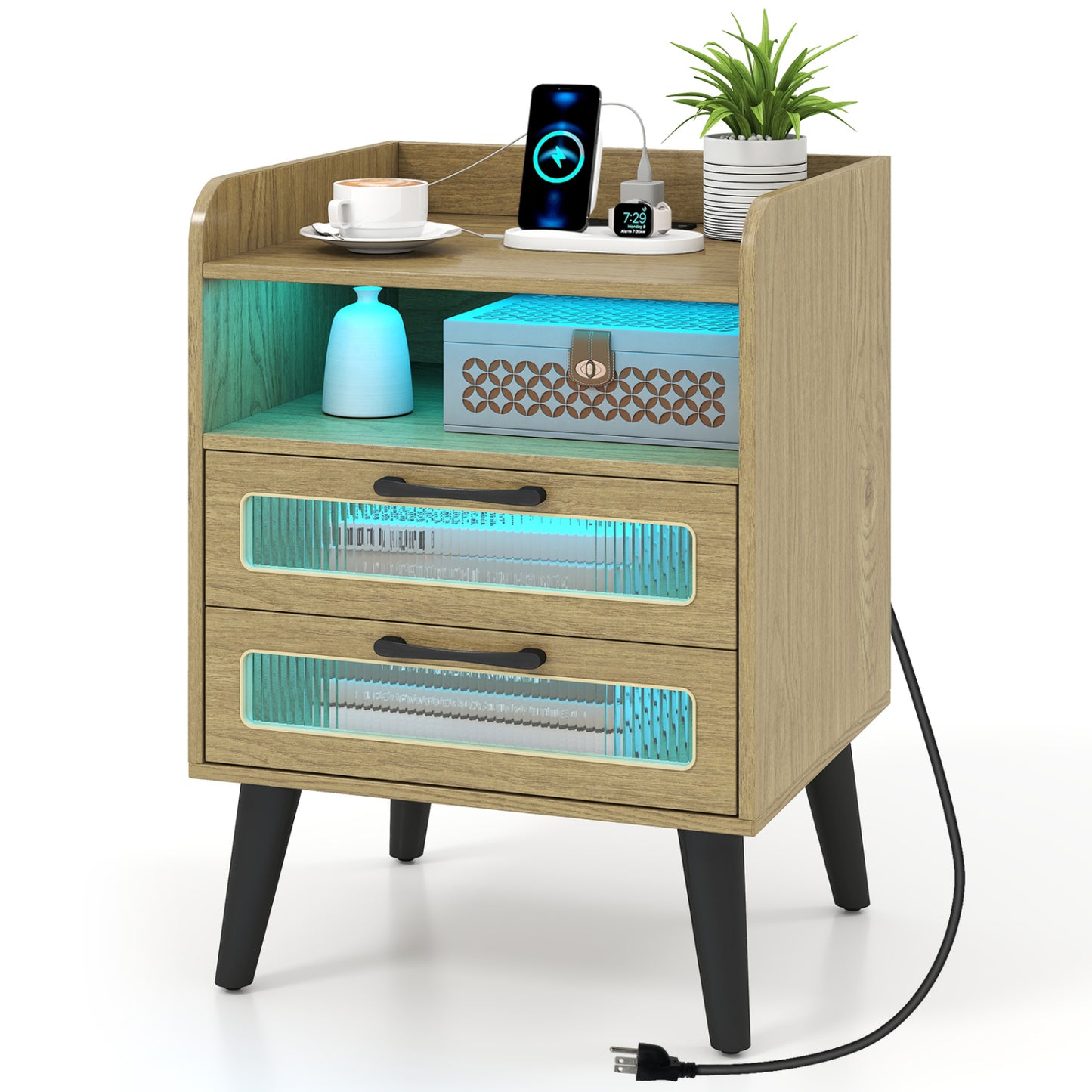 Mid Century Nightstand With Charging Station & LED Lights, Natural