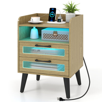 Mid Century Nightstand With Charging Station & LED Lights, Natural