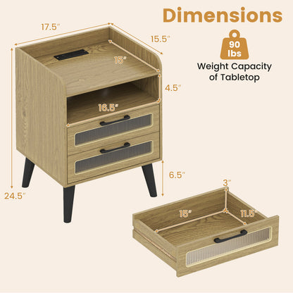 Mid Century Nightstand With Charging Station & LED Lights, Natural