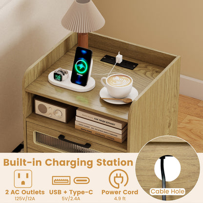 Mid Century Nightstand With Charging Station & LED Lights, Natural