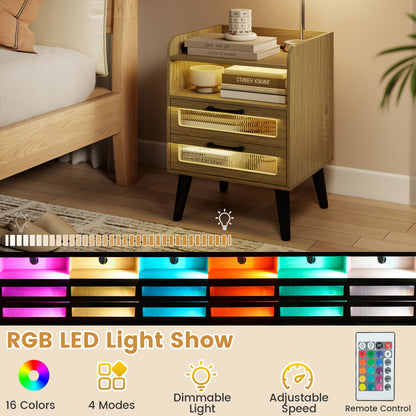 Mid Century Nightstand With Charging Station & LED Lights, Natural