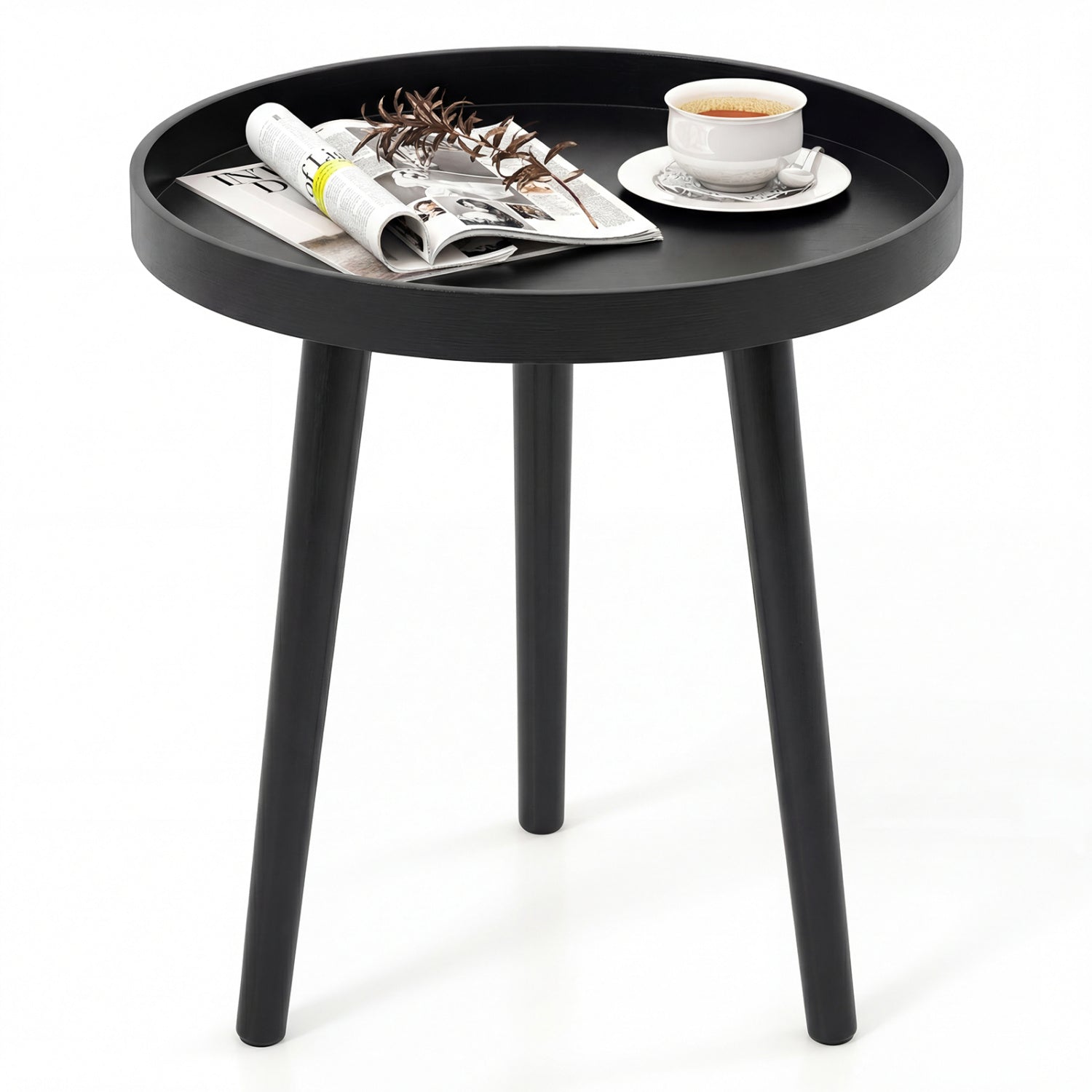 Mid-Century Round Side Table with Wooden Tray, Black Living Room at Gallery Canada