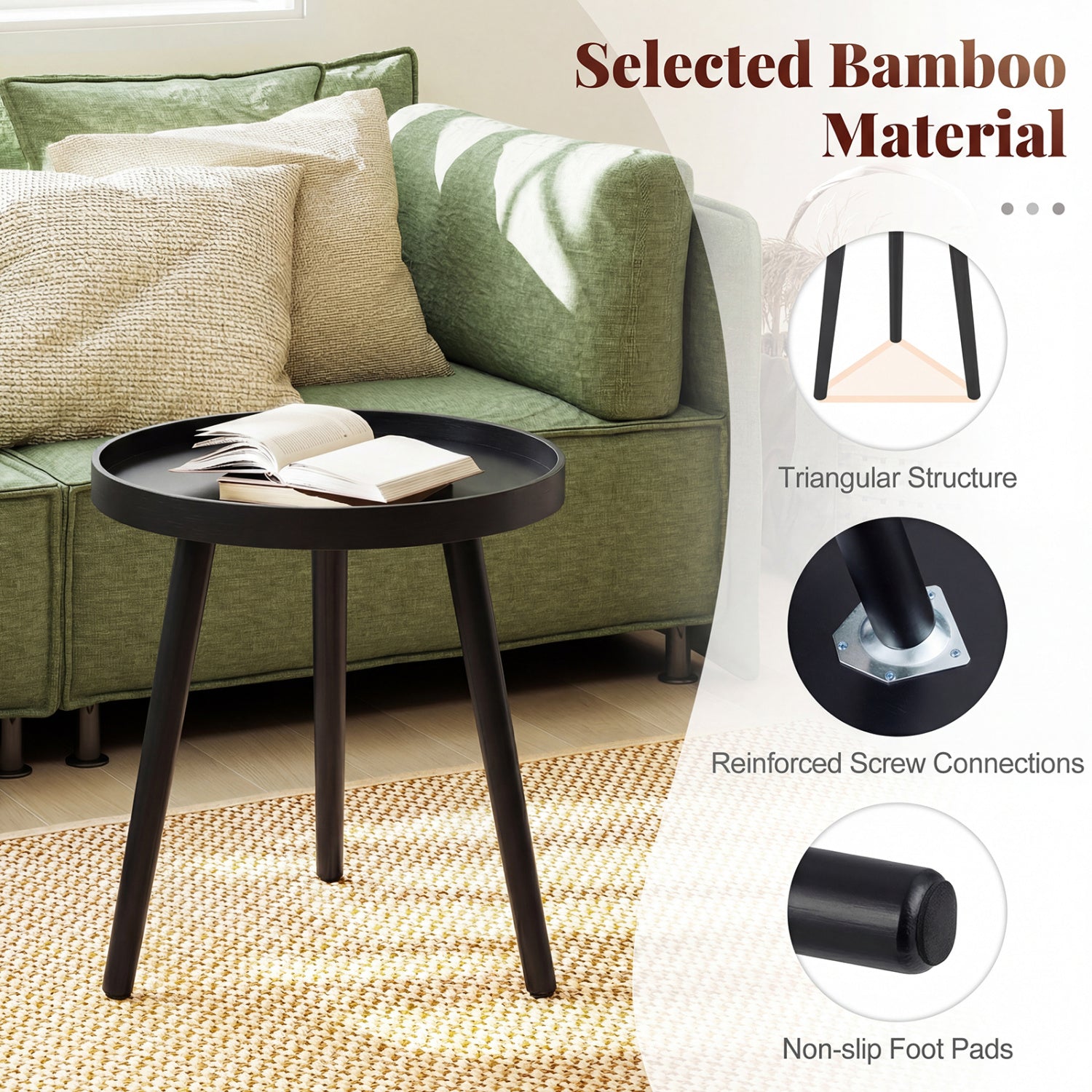 Mid-Century Round Side Table with Wooden Tray, Black Living Room at Gallery Canada