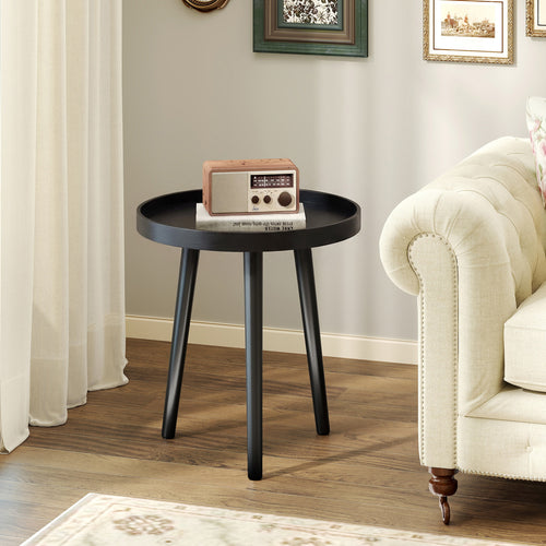 Mid-Century Round Side Table with Wooden Tray, Black