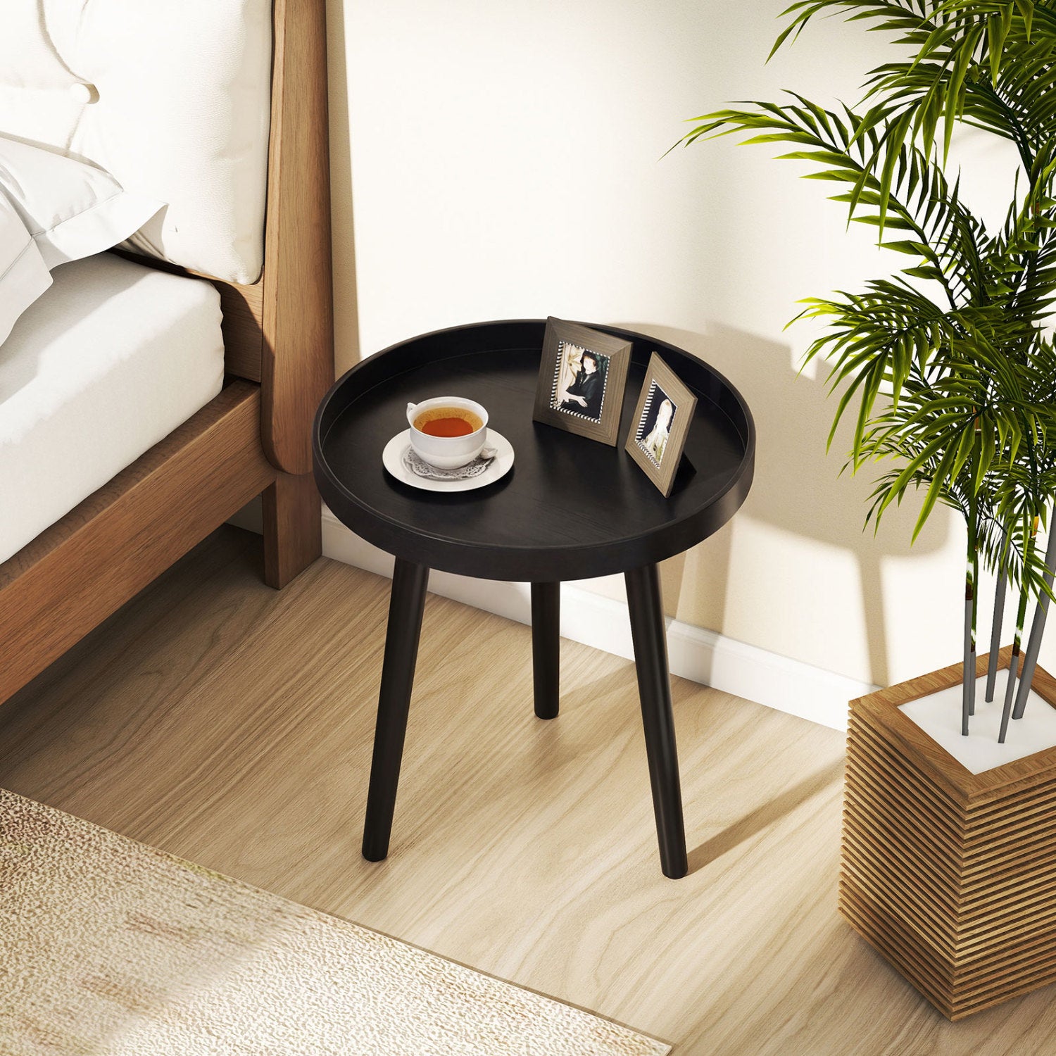 Mid-Century Round Side Table with Wooden Tray, Black Living Room at Gallery Canada