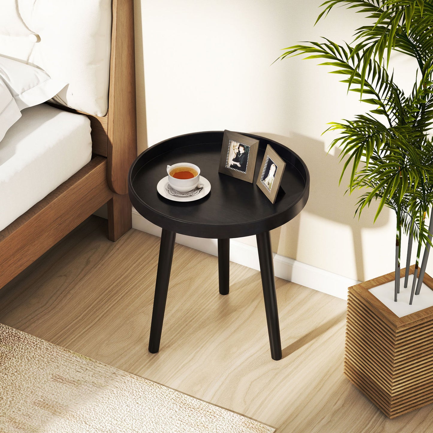 Mid-Century Round Side Table with Wooden Tray, Black Living Room at Gallery Canada