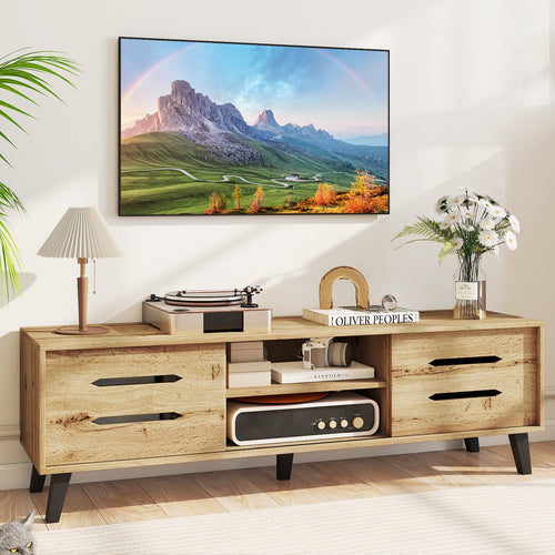 Mid Century Modern TV Stand with Sliding Doors and Cable Hole for 65 Inch TVs, Natural