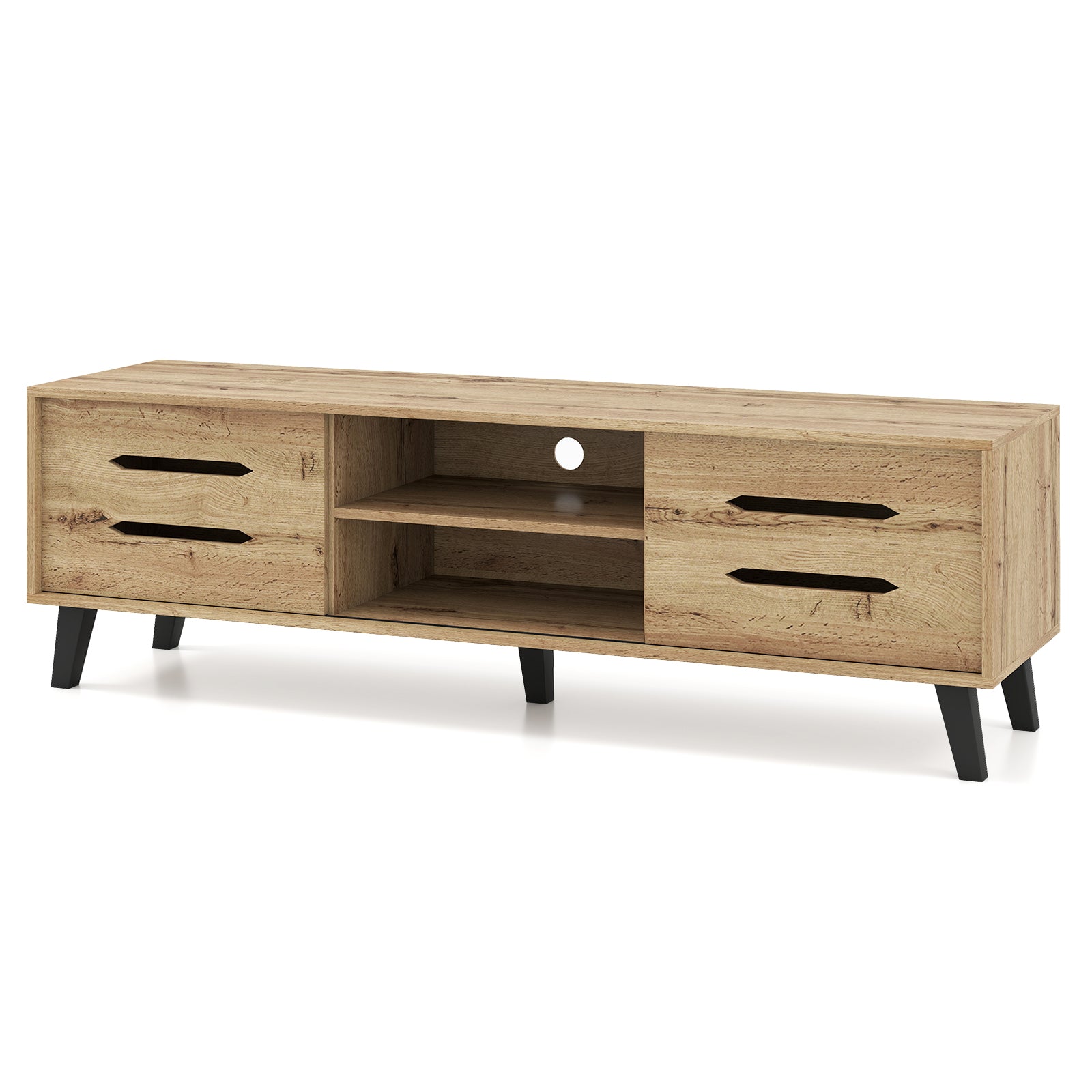 Mid Century Modern TV Stand, Sliding Doors, Cable Hole, 65 Inch, Natural Entertainment Centers & TV Stands at Gallery Canada