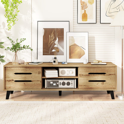 Mid Century Modern TV Stand with Sliding Doors and Cable Hole for 65 Inch TVs, Natural Entertainment Centers & TV Stands at Gallery Canada