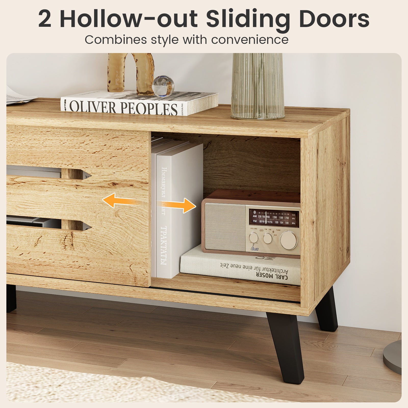 Mid Century Modern TV Stand with Sliding Doors and Cable Hole for 65 Inch TVs, Natural Entertainment Centers & TV Stands at Gallery Canada