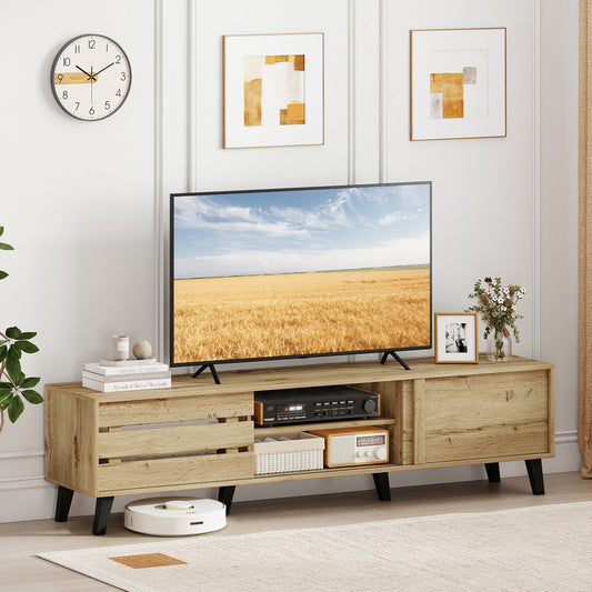 Mid Century Modern TV Stand for 80 Inch TVs with Sliding Door Cabinets and Storage Shelves, Oak Entertainment Centers & TV Stands Oak at Gallery Canada