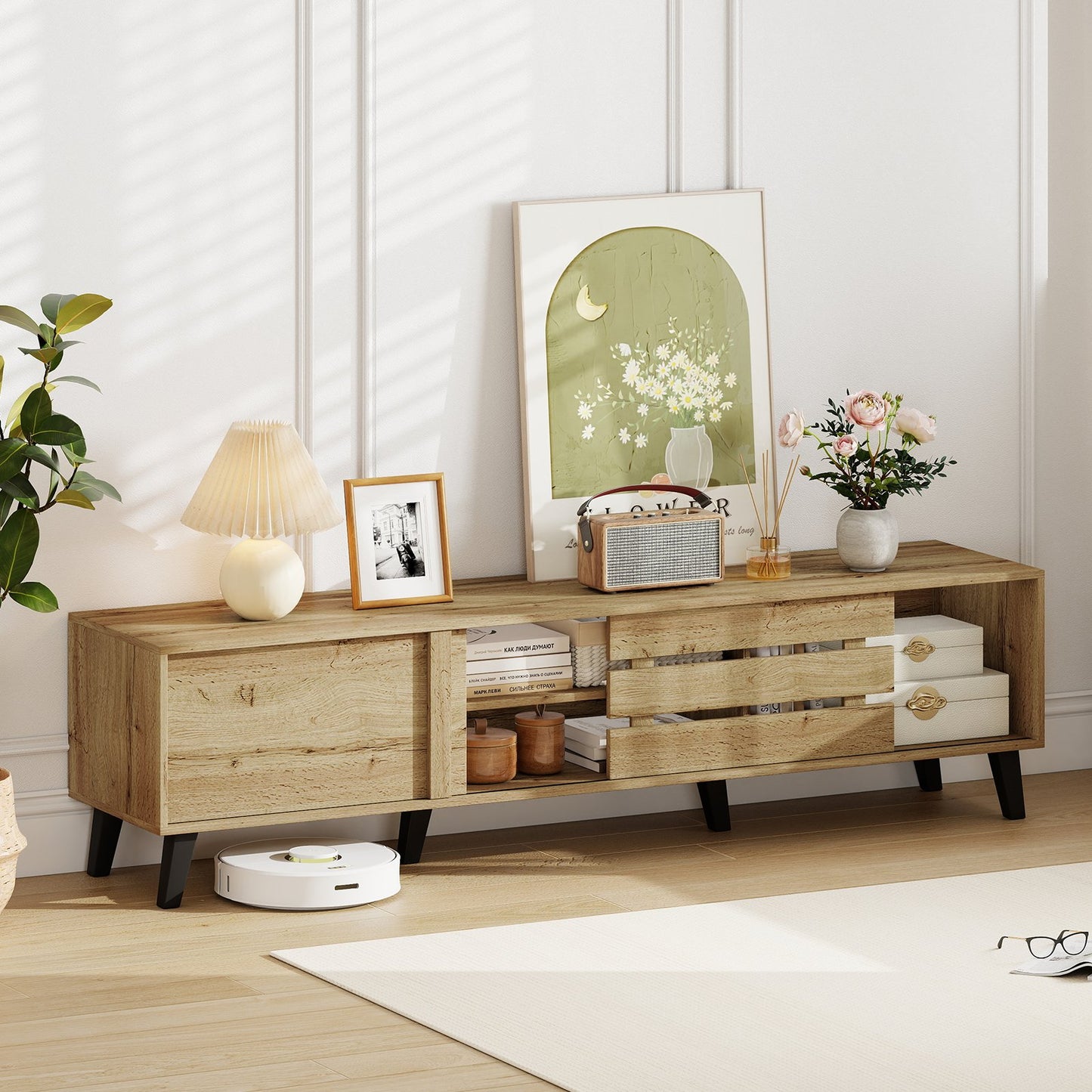 Mid Century Modern TV Stand for 80 Inch TVs with Sliding Door Cabinets and Storage Shelves, Oak Entertainment Centers & TV Stands at Gallery Canada