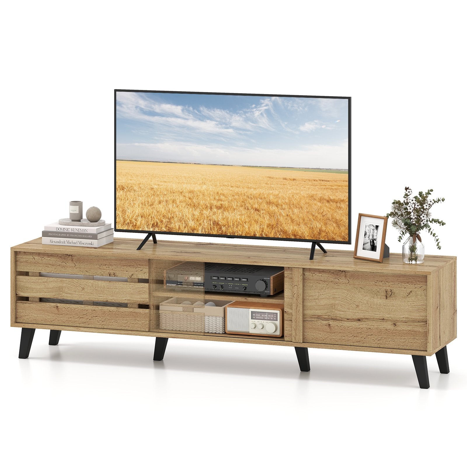 Mid Century Modern TV Stand for 80 Inch TVs with Sliding Door Cabinets and Storage Shelves, Oak Entertainment Centers & TV Stands at Gallery Canada