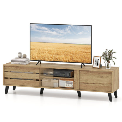 Mid Century Modern TV Stand for 80 Inch TVs with Sliding Door Cabinets and Storage Shelves, Oak Entertainment Centers & TV Stands at Gallery Canada