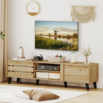 Mid Century Modern TV Stand for 80 Inch TVs with Sliding Door Cabinets and Storage Shelves, Oak Entertainment Centers & TV Stands at Gallery Canada