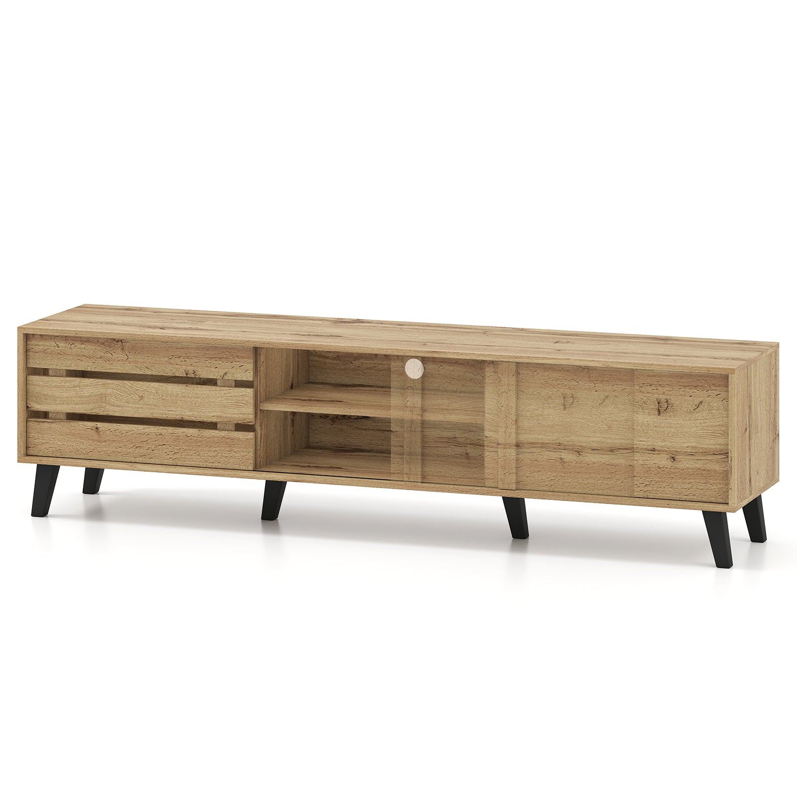 Mid Century Modern TV Stand for 80 Inch TVs with Sliding Door Cabinets and Storage Shelves, Oak Entertainment Centers & TV Stands at Gallery Canada